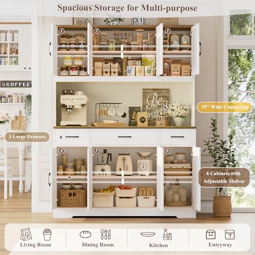 71" Tall Kitchen Pantry Storage Cabinet, 55" W Kitchen Hutch, White, view 5