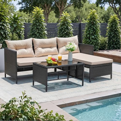 3 Piece Patio Furniture Set Outdoor Wicker Rattan Sectional Sofa with Cushions & Coffee Table for Yard, Garden, Porch, Poolside, Light Beige