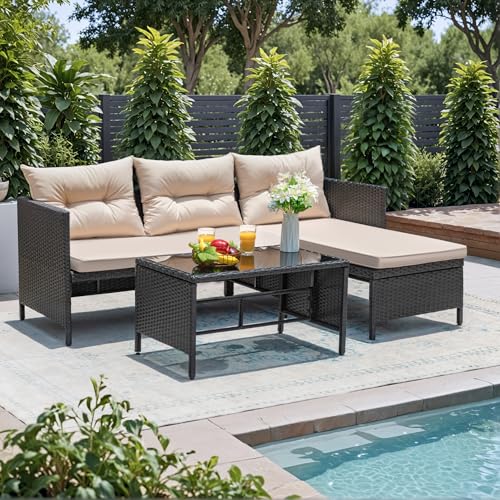 3 Piece Patio Furniture Set Outdoor Wicker Rattan Sectional Sofa with Cushions & Coffee Table for Yard, Garden, Porch, Poolside, Light Beige