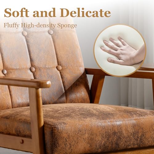 Modern Accent Chair, Mid-Century Linen Armchair with Solid Wood Armrests, Button-Tufted Comfortable Cushioned Reading Chairs for Living Room, Bedroom (Coffee)
