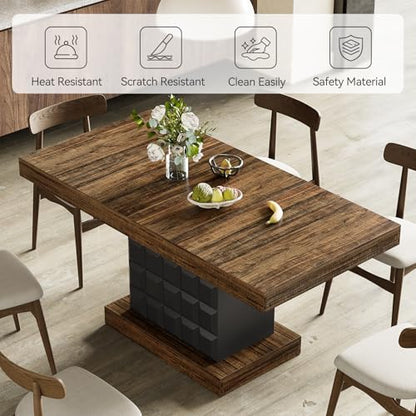 63" Modern Dining Table, Rectangular Dinner Table for 4-6, Farmhouse Kitchen Table, Sturdy Wood Pedestal Base for Kitchen/Dining Room, Rustic Brown & Black