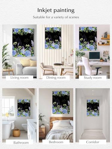 NuYeBiofx Watercolor Purple Hydrangea Canvas Wall Art Prints,48"x32" Framed Picture Artwork Garden Flower Leaves on Black Printed Canvas Oil Painting for Living Room Bedroom Office,Ready to Hang