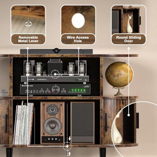 Large Record Player Stand with Storage and Shelves, Brown, view 6