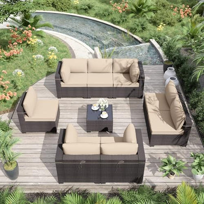 9 Pieces Patio Furniture Set Wicker Patio Conversation Set with 4 Corner Sofas, Outdoor Sectional Furniture w/Coffee Table & Washable Seat Cushions-Sand