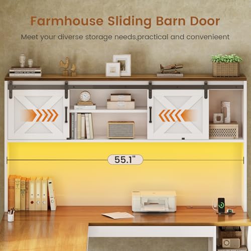 67" Farmhouse L Shaped Desk with Hutch, White+Brown, view 5
