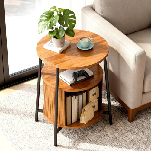 Round End Tables Set of 2 & Charging Station, Fluted Accent Side Table with Sliding Door, Mid-Century Modern Nightstand set of 2 for Small Space Storage, Living Room, Bedroom,Sofa Couch(2, Yellow)