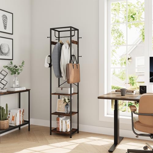 Coat Rack Freestanding, Hall Tree with 3 Shelves and 12 Hooks, Rustic Brown, view 6