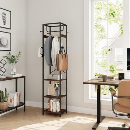 Coat Rack Freestanding, Hall Tree with 3 Shelves and 12 Hooks, Rustic Brown, view 6
