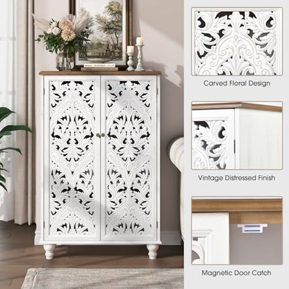 47" Tall Accent Cabinet with Carved Doors & Storage for Living Room | Vertical Storage, Carved Floral Design, Mandala White Buffet, Boho/Farmhouse/Rustic Style, Adjustable Shelves, Easy Assembly