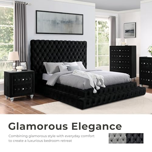 Black Sable fabric step-up bed with oversized headboard and button tufting, view 8