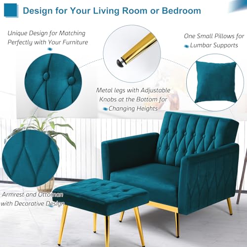 Velvet Accent Chair with Adjustable Armrests and Backrest, Button Tufted Lounge Chair, Single Recliner Armchair with Ottoman and Pillow for Living Room, Bedroom,Teal
