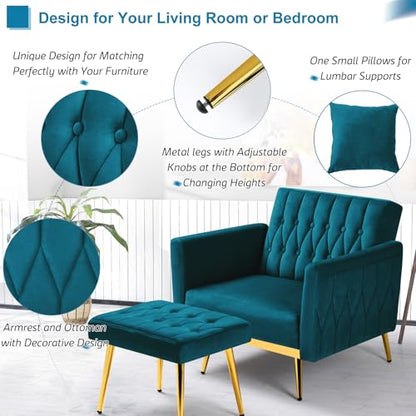 Velvet Accent Chair with Adjustable Armrests and Backrest, Button Tufted Lounge Chair, Single Recliner Armchair with Ottoman and Pillow for Living Room, Bedroom,Teal