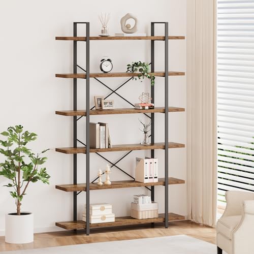 6 Shelf Tall Bookcase, Industrial Modern Large 6 Tier Bookshelf, Open Wood and Metal Display & Storage Rack,Farmhouse Bookcases and Book Shelves 6 Shelf for Bedroom Living Room Office,Rustic Brown