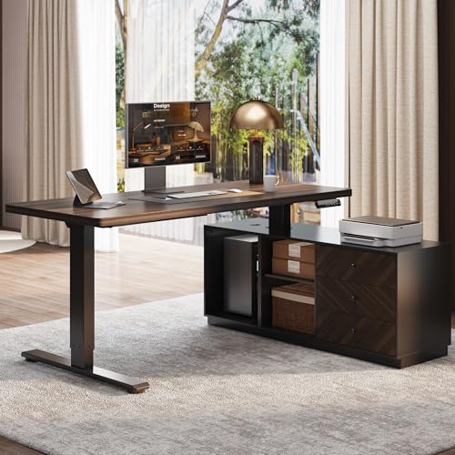 FLEXISPOT 55" L Shaped Standing Desk with Storage & CPU Holder, Dual Motor Height Adjustable Executive Desk, 222 LBS Capacity, 1" Thick Desktop for Home Office, Black Walnut, 3 Packages