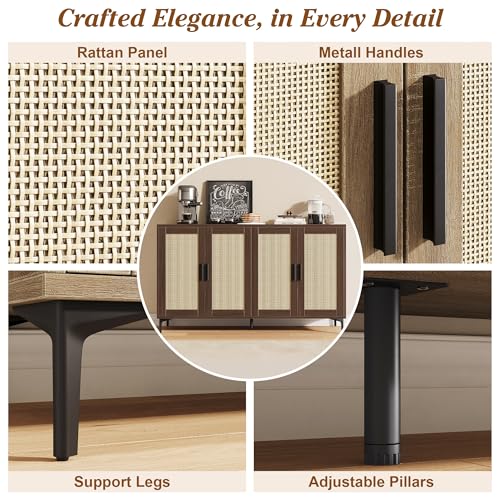 48" Rattan Buffet Cabinet with Storage, Walnut Coffee Bar Cabinet, view 6