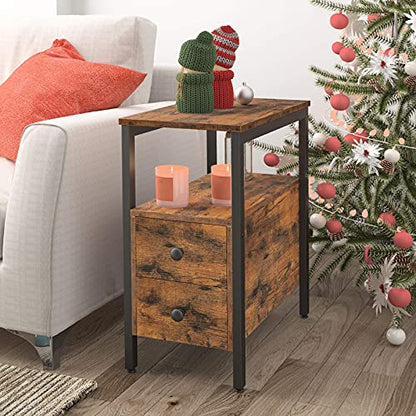 End Table, Narrow Chairside Table with Drawer and Open Storage Shelf, Nightstand for Small Spaces, Stable and Sturdy Construction, Wood Look Accent Furniture, Rustic Brown and Black BF548BZ01G3