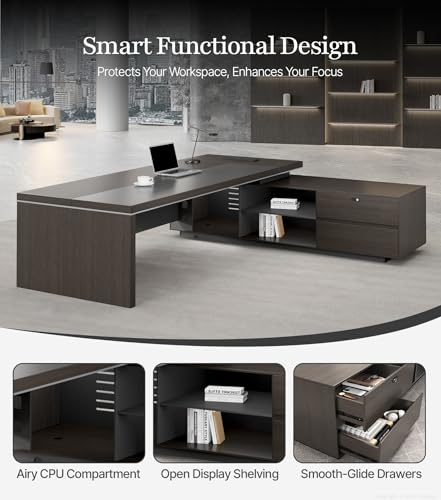 87" Reversible L-Shaped Executive Desk with Drawers, Modern Large Office Desk with Open Shelves, Ventilated CPU Compartment, Built-in Outlet & USB Ports – Home Office Desk (87"L x 69"W x 30"H)