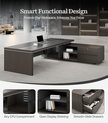 87" Reversible L-Shaped Executive Desk with Drawers, Modern Large Office Desk with Open Shelves, Ventilated CPU Compartment, Built-in Outlet & USB Ports – Home Office Desk (87"L x 69"W x 30"H)