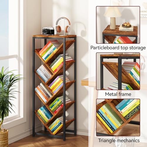 9 Tier Tree Bookshelf with Top Shelf,Brown TBC002H | Floor Standing Bookshelf for Narrow Space Storage Organizer Bookcase Display Rack Corner Bookcase for Bedroom Living Room