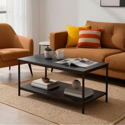 Rectangular Coffee Table with Bottom Shelf, Living Room Centre Table, Easy to Assemble, 19.9" D x 31.5" W x 16.5" H, Black Woodgrain