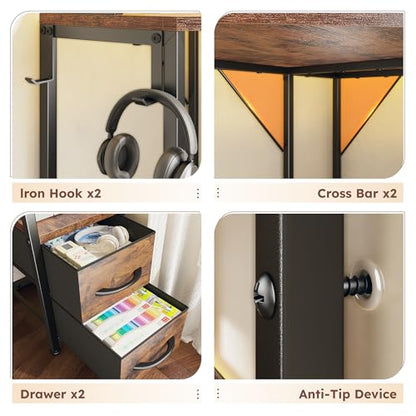 35.4" W x 63" H Corner Desk with Hutch & LED Lights, Triangle Corner Desk and Computer Desk with Drawers for Storage & Shelves and Hook, Office Desk for Bedroom Small Space, Rustic Brown