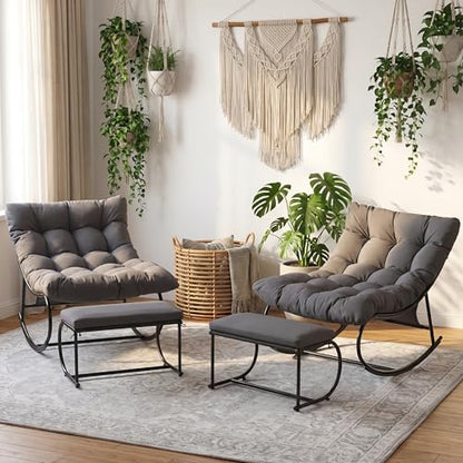 Oversized Double Papasan Rocking Chair Set of 2 with Ottoman, Egg Shaped Patio Lounge Chair with Thick Soft Cushion, Outdoor Relaxation Furniture for Porch, Backyard, Garden, Balcony, Grey