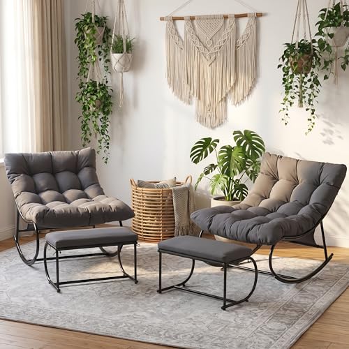 Oversized Double Papasan Rocking Chair Set of 2 with Ottoman, Egg Shaped Patio Lounge Chair with Thick Soft Cushion, Outdoor Relaxation Furniture for Porch, Backyard, Garden, Balcony, Grey