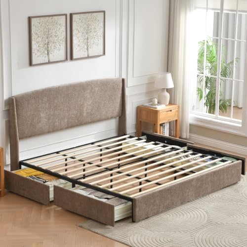 King Storage Bed Frame with Drawers, Upholstered Headboard, Taupe, view 4