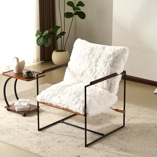 28" Wide Plush Upholstery Sling Modern Accent Chair with Metal Frame, Cute Reading Armchair with Removable Seat Cushion & Tan Microfiber Seat Base, Lazy Chair for Bedroom & Lounge, White