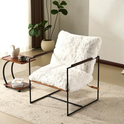 28" Wide Plush Upholstery Sling Modern Accent Chair with Metal Frame, Cute Reading Armchair with Removable Seat Cushion & Tan Microfiber Seat Base, Lazy Chair for Bedroom & Lounge, White