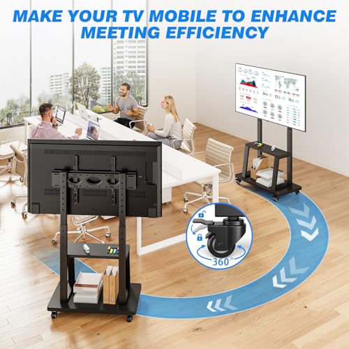 Mobile TV Cart Rolling TV Stand for 37-75 inch TVs Up to 150lbs, Heavy-Duty Portable TV Stand on Wheels with 2-Tier Wooden Storage Shelves, Height Adjustable, Max VESA 600x400mm, Black