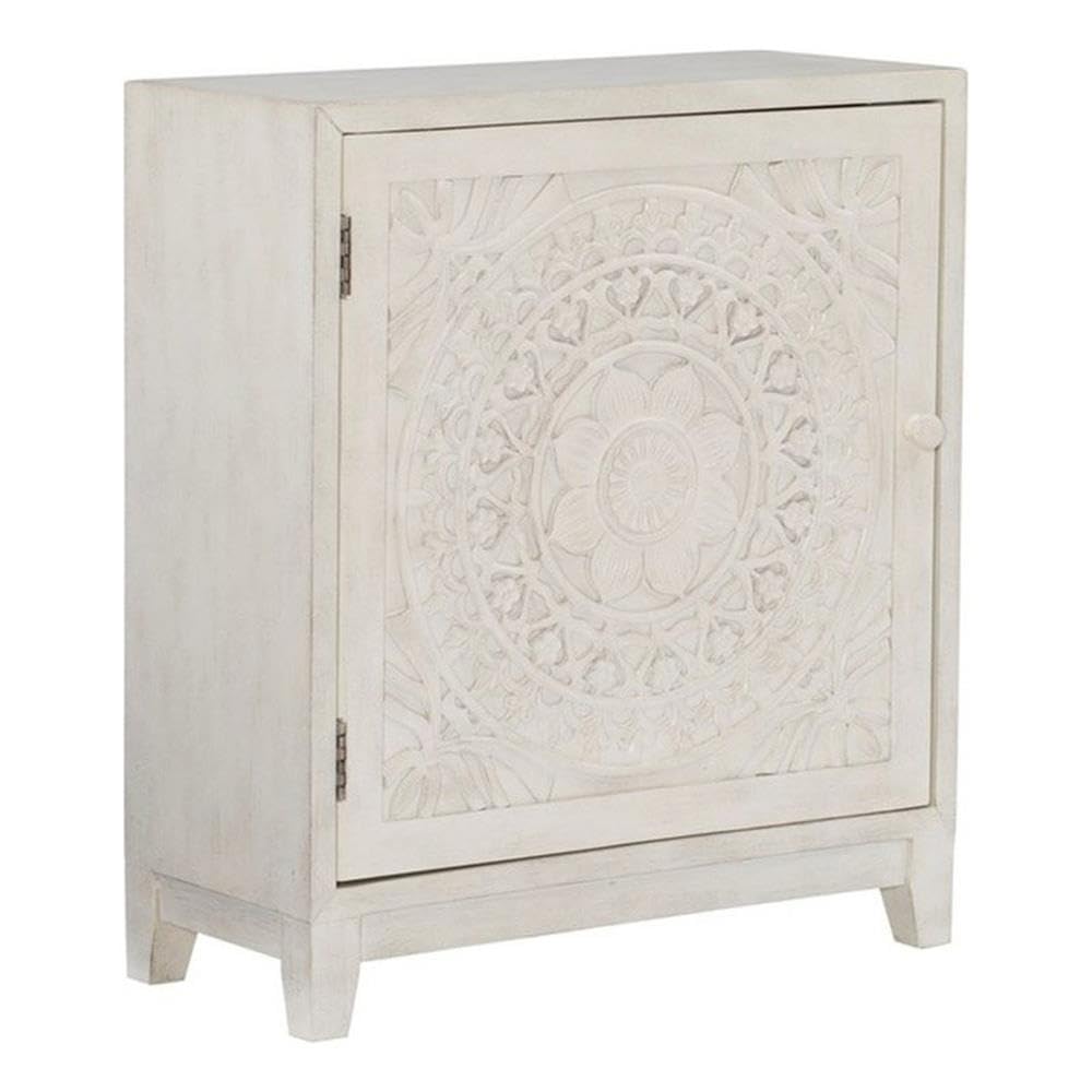 1-Door Wood Storage Accent Cabinet, 29.25 in H x 25.5 in W x 11.5 in D, MDF and Resin Construction, Smokey Antique Off White Finish, Fixed Shelf, Transitional Slimline Design for Home