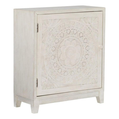 1-Door Wood Storage Accent Cabinet, 29.25 in H x 25.5 in W x 11.5 in D, MDF and Resin Construction, Smokey Antique Off White Finish, Fixed Shelf, Transitional Slimline Design for Home
