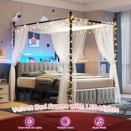 Full Canopy Bed Frame with Drawers and LED Lights & Charging,Grey, view 6