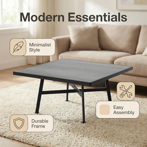 Square Coffee Table, Industrial Center Table for Living Room, Rustic Wood Desktop Storage Shelf with Metal X-Shape Table Leg, Modern Home Furniture