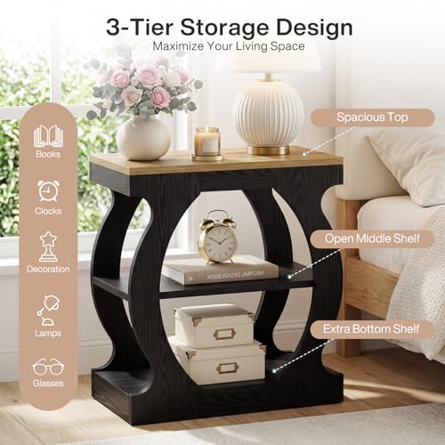 Tribesigns 23.6" Nightstand with 3-Tier Storage, Modern Narrow Bedside Table with Curved Frame for Bedroom, Rustic Oak & Black