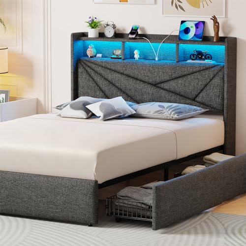 King Size Bed Frame with 4 Storage Drawers and LED Headboard, view 2