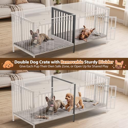 55" Wooden Double Dog Crate Furniture, Removable Divider, Oak Grey, view 4