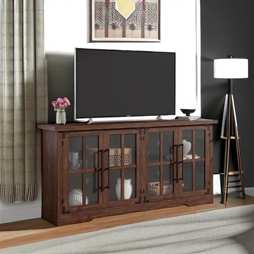 63" Farmhouse TV Stand with 4 Glass Doors and Storage, Espresso, view 6