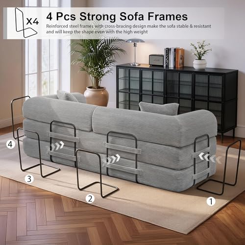 78 inch Sofa Bed 4-in-1 Boneless Convertible Corduroy Sleeper Folding Couch with Fixed-Shape Frame and 2 Futons No Assemble Required 3 Seater Upholstered for Living Room (Light Grey, 78 inch)