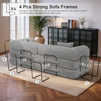 78 inch Sofa Bed 4-in-1 Boneless Convertible Corduroy Sleeper Folding Couch with Fixed-Shape Frame and 2 Futons No Assemble Required 3 Seater Upholstered for Living Room (Light Grey, 78 inch)