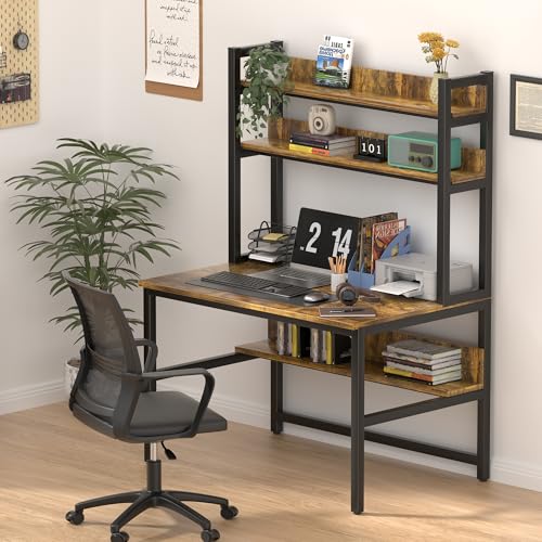 Computer Desk with Hutch, 47“W x 23.6" D Desk with Shelves, Tall Home Office Desk with Bookshelf, Metal Legs Study Table with Upper Storage Shelf for Study Writing/Workstation