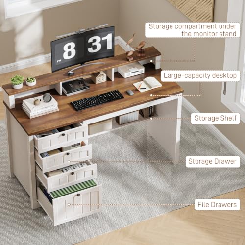 47" Farmhouse Executive Desk with 4 Drawers, Rustic White and Brown, view 7