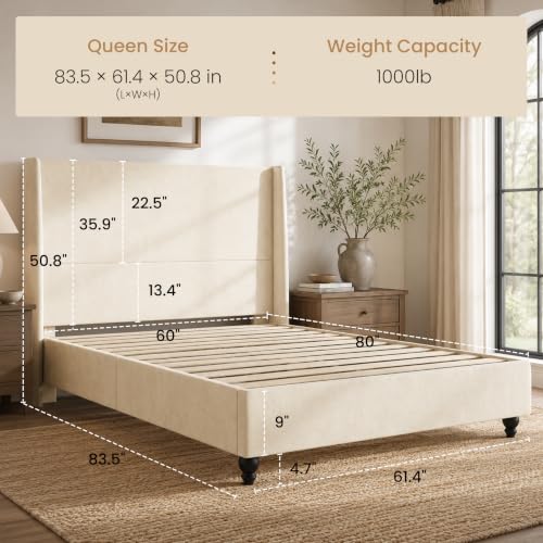 Queen Size Wingback Plush Upholstered Platform Bed Frame, White, view 3