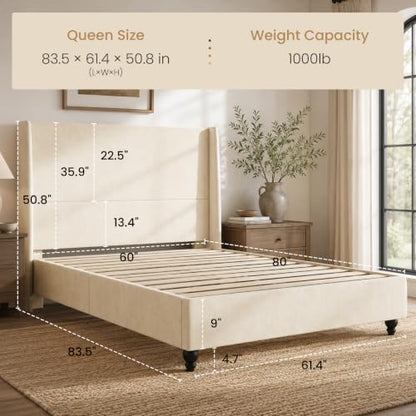 Queen Size Wingback Plush Upholstered Platform Bed Frame, White, view 3
