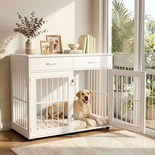 43.3" Large Dog Crate Furniture with 2 Drawers, White, view 2