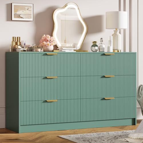 6 Drawers Dresser - Modern Fluted Double Chest of Drawers, Green, view 6