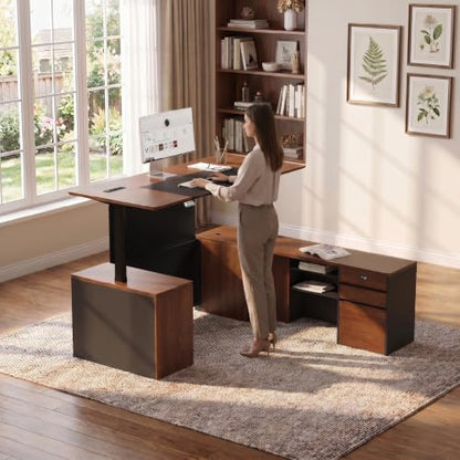 71" L Shaped Executive Standing Desk with File Cabinet, Power Outlet & USB, view 6