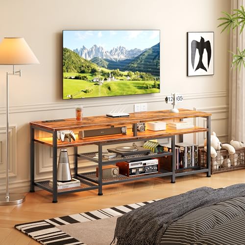 63 Inch TV Stand with Power Outlets & LED Lights, Rustic Brown, view 7