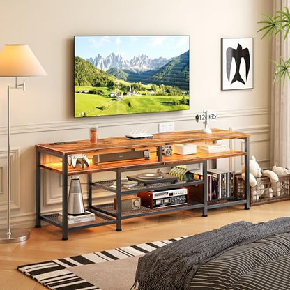63 Inch TV Stand with Power Outlets & LED Lights, Rustic Brown, view 7